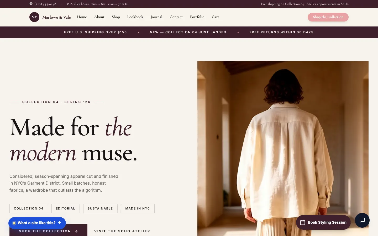 Screenshot of Marlowe & Vale website demo