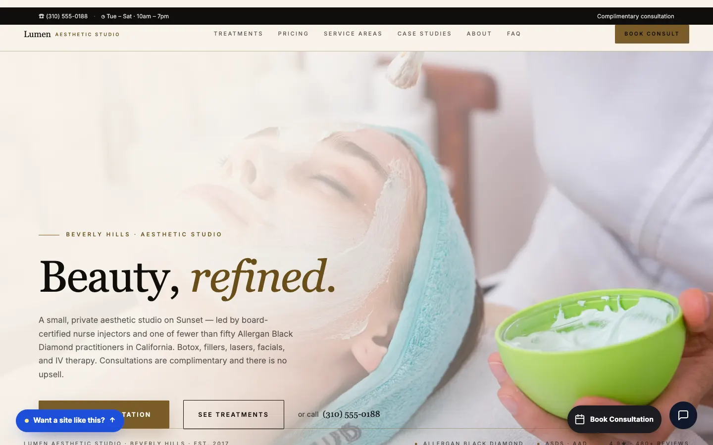 Screenshot of Lumen Aesthetic Studio website demo