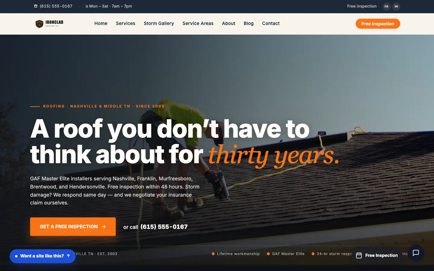 Screenshot of Ironclad Roofing Co. website demo