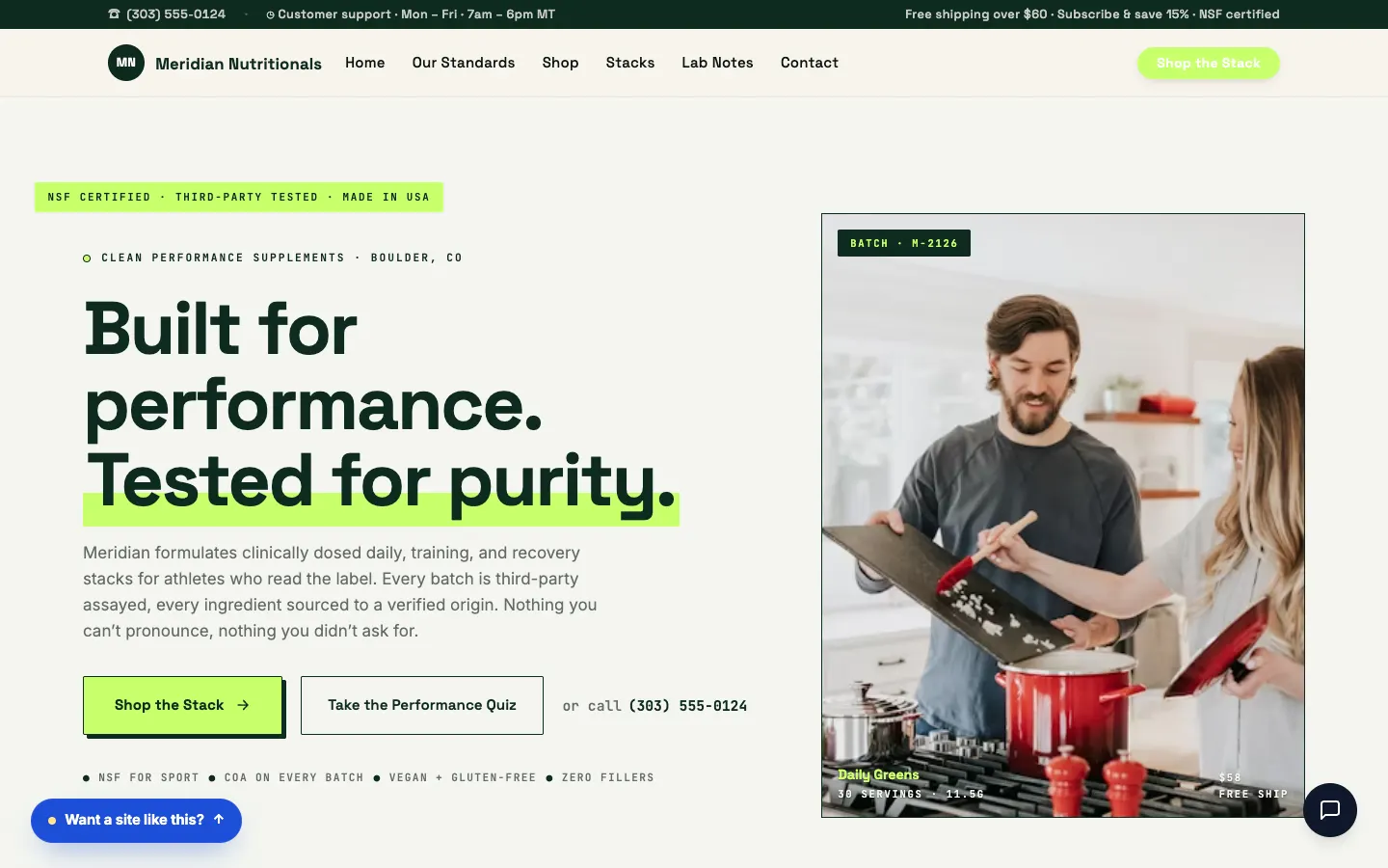 Screenshot of Meridian Nutritionals website demo