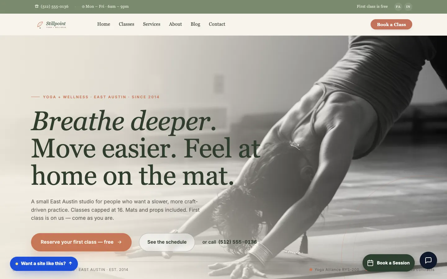 Screenshot of Stillpoint Yoga website demo