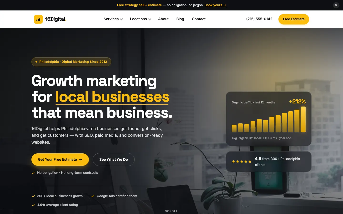 Screenshot of 16Digital, a Digital Marketing website built on WorkspaceCMS — Editorial Agency Positioning with Signal-Yellow Accent.
