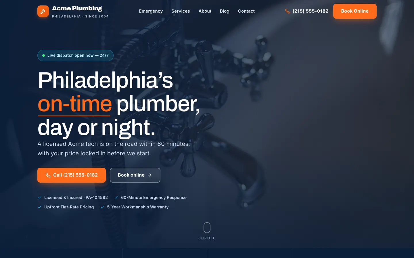 Screenshot of Acme Plumbing, a Plumbing website built on WorkspaceCMS — 24/7 Emergency Dispatch Positioning.
