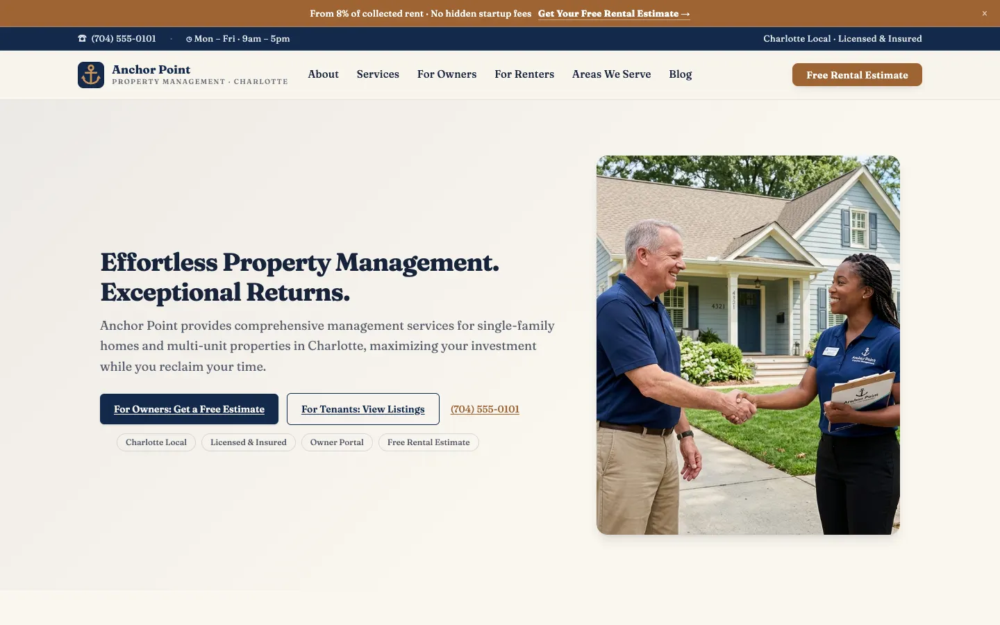 Screenshot of Anchor Point Property Management, a Property Management website built on WorkspaceCMS — Free Rental-Value Estimate + Transparent Fee Tiers.
