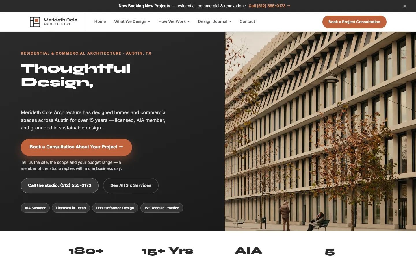 Screenshot of Merideth Cole Architecture, a Architecture Firm website built on WorkspaceCMS — Portfolio-Style Services Grid + Consultation Flow.