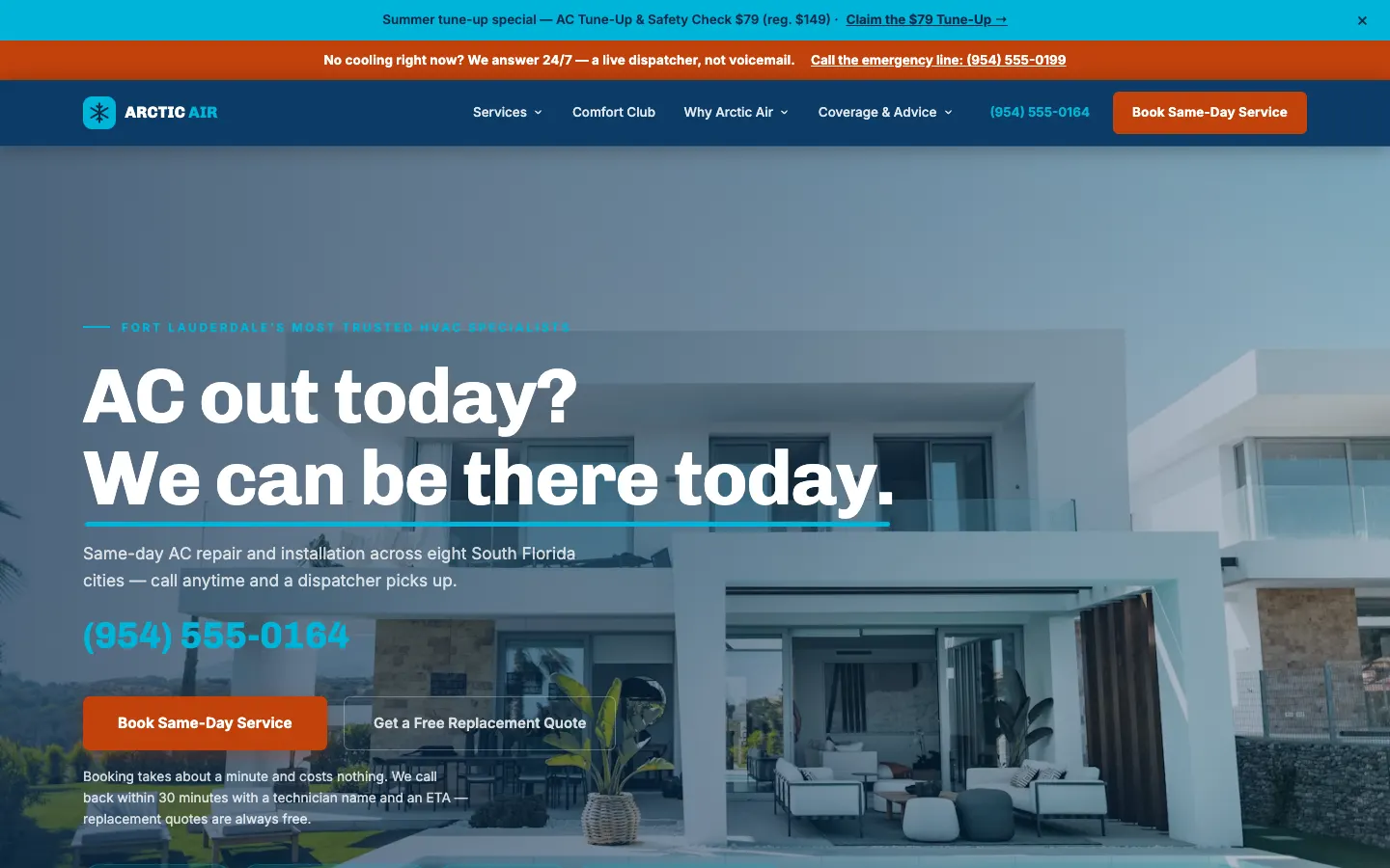 Screenshot of Arctic Air of South Florida, a HVAC & Climate Control website built on WorkspaceCMS — 10 NATE-Certified Techs + 35-Vehicle GPS Fleet + Emergency Service.