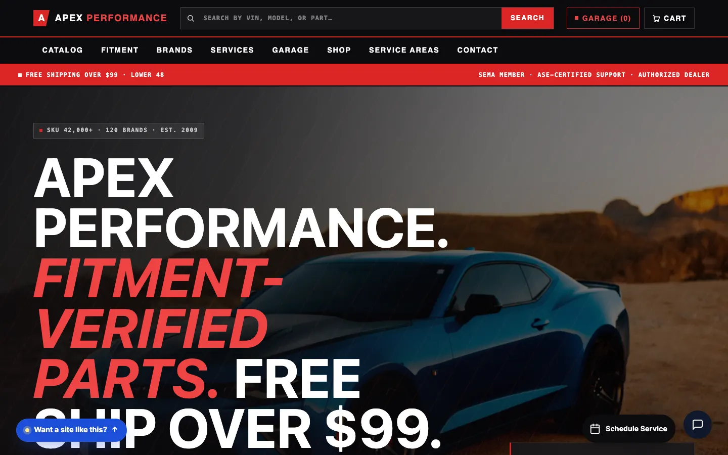 Screenshot of Apex Performance, a Performance Auto Parts website built on Workspace CMS — VIN-Verified Fitment.