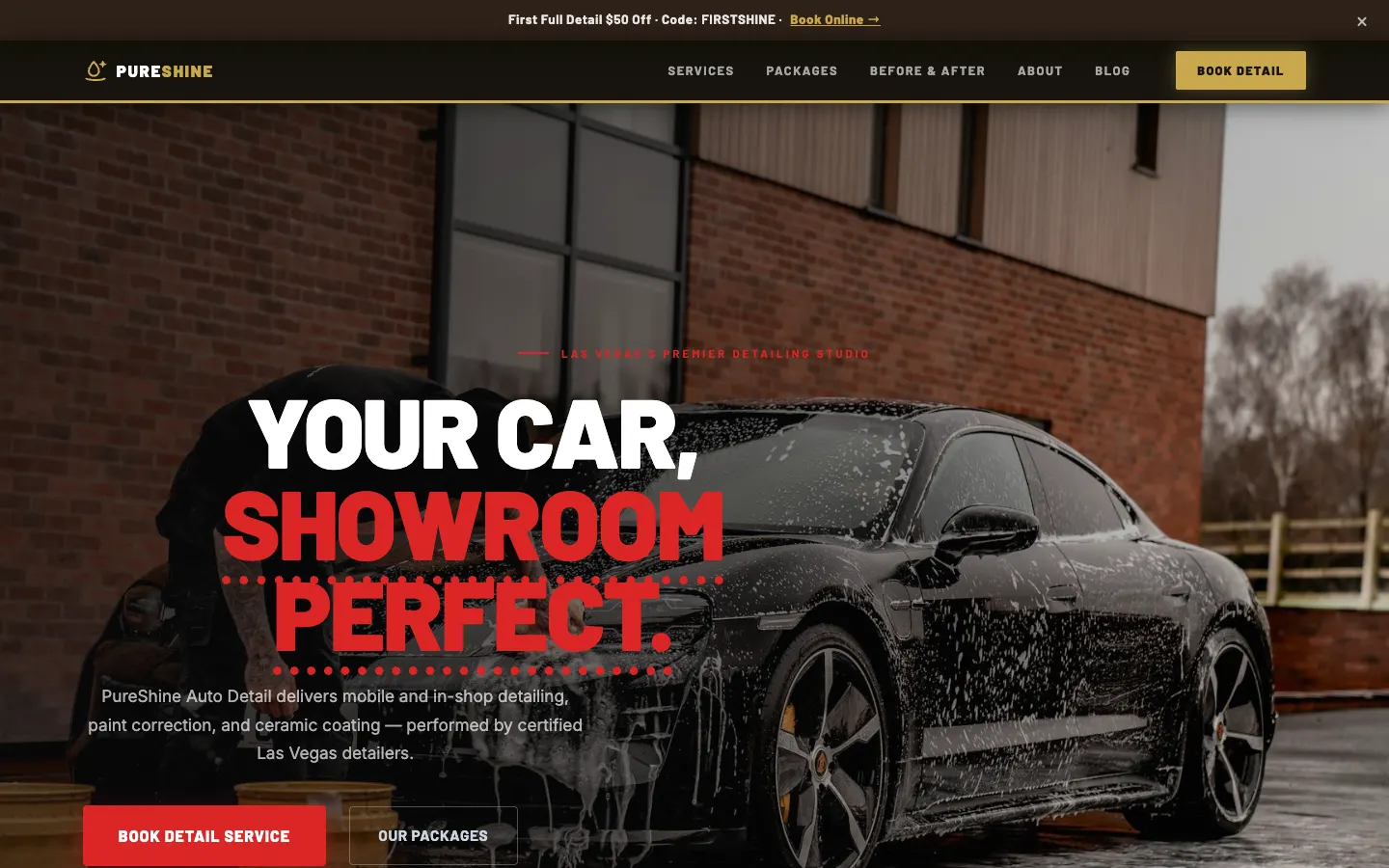 Screenshot of PureShine Auto Detail, a Auto Detailing website built on WorkspaceCMS — Tiered Detail Package Cards + Gold Pricing.