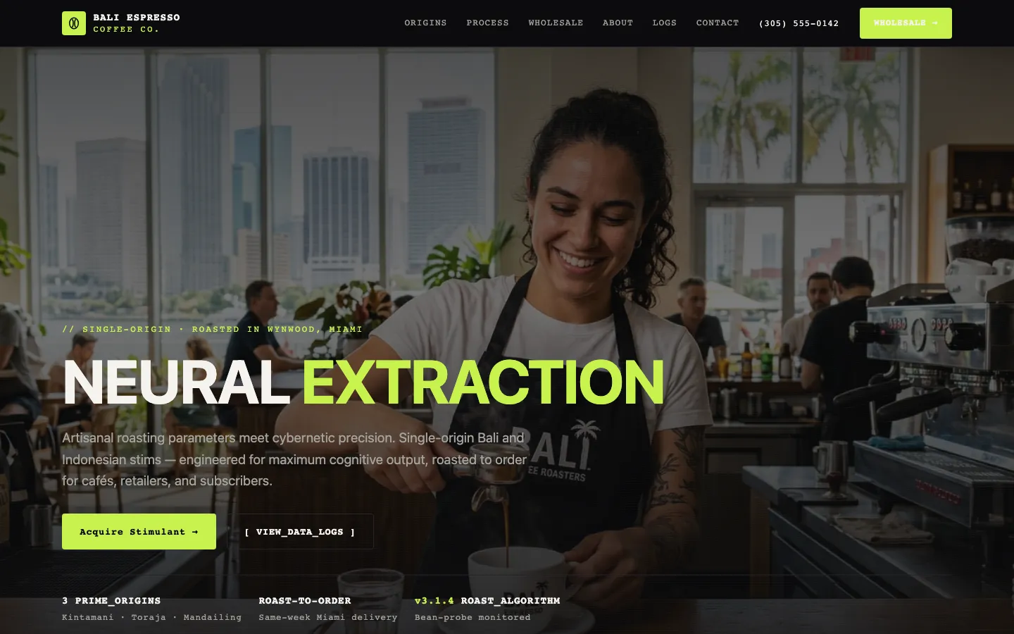 Screenshot of Bali Espresso Coffee Company, a Specialty Coffee Roaster website built on WorkspaceCMS — Shop-by-Origin Grid + Wholesale Program + Subscription Ladder.