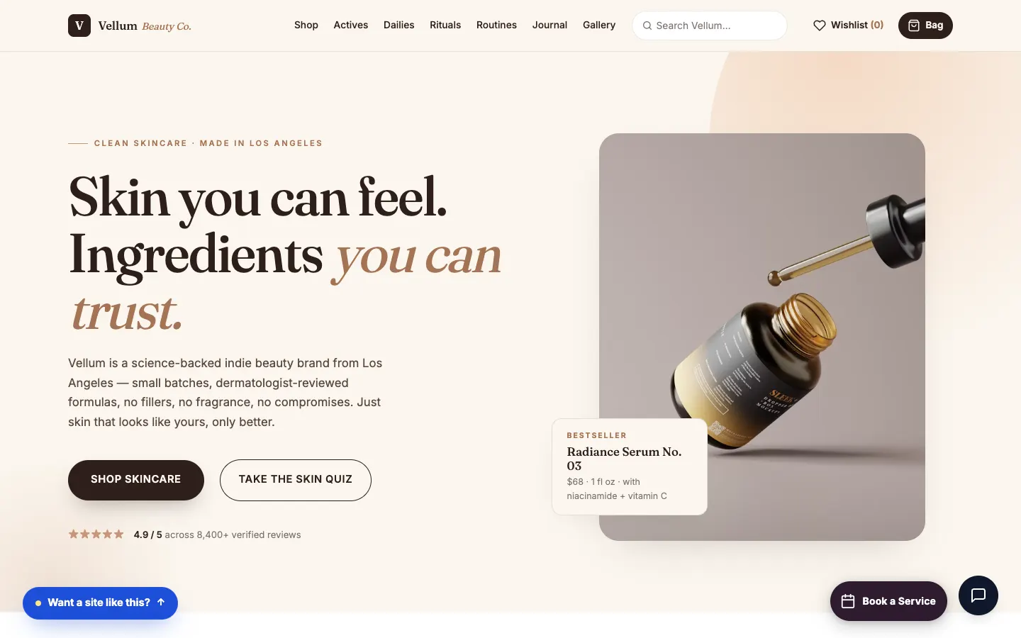 Screenshot of Vellum Beauty Co., a Beauty & Cosmetics website built on Workspace CMS — Build-Your-Routine in 3 Steps.