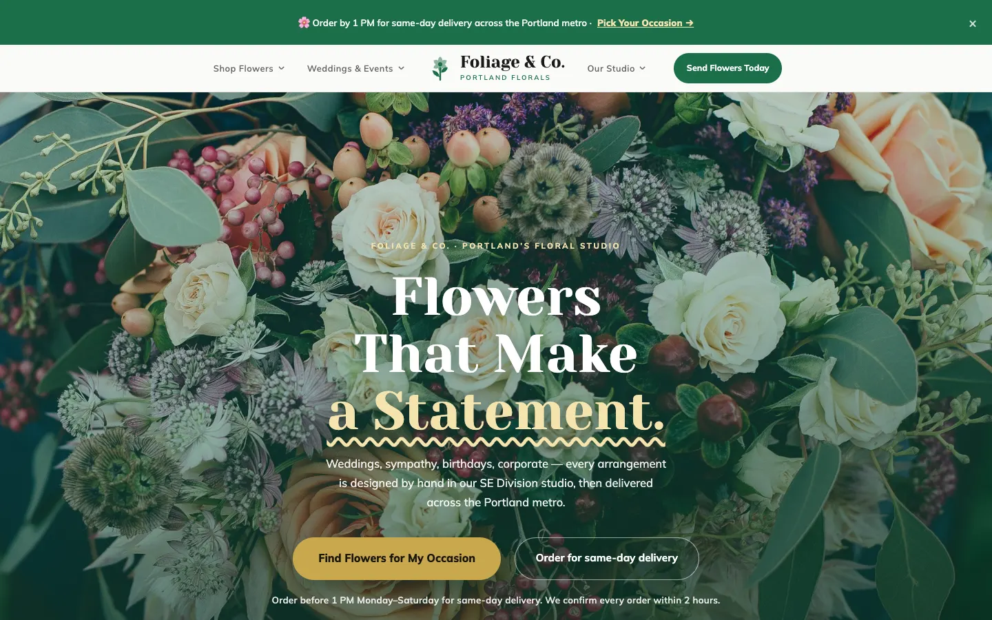 Screenshot of Foliage & Co., a Florist website built on WorkspaceCMS — Occasion-Based Arrangement Finder.