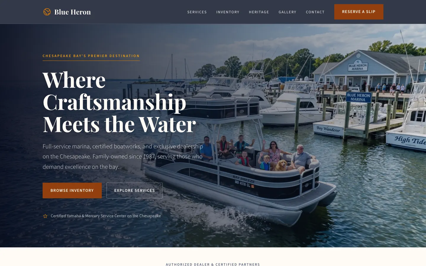 Screenshot of Blue Heron Marina & Boatworks, a Marina & Boat Dealership website built on WorkspaceCMS — Featured Vessel Inventory + Slip Reservation Form.