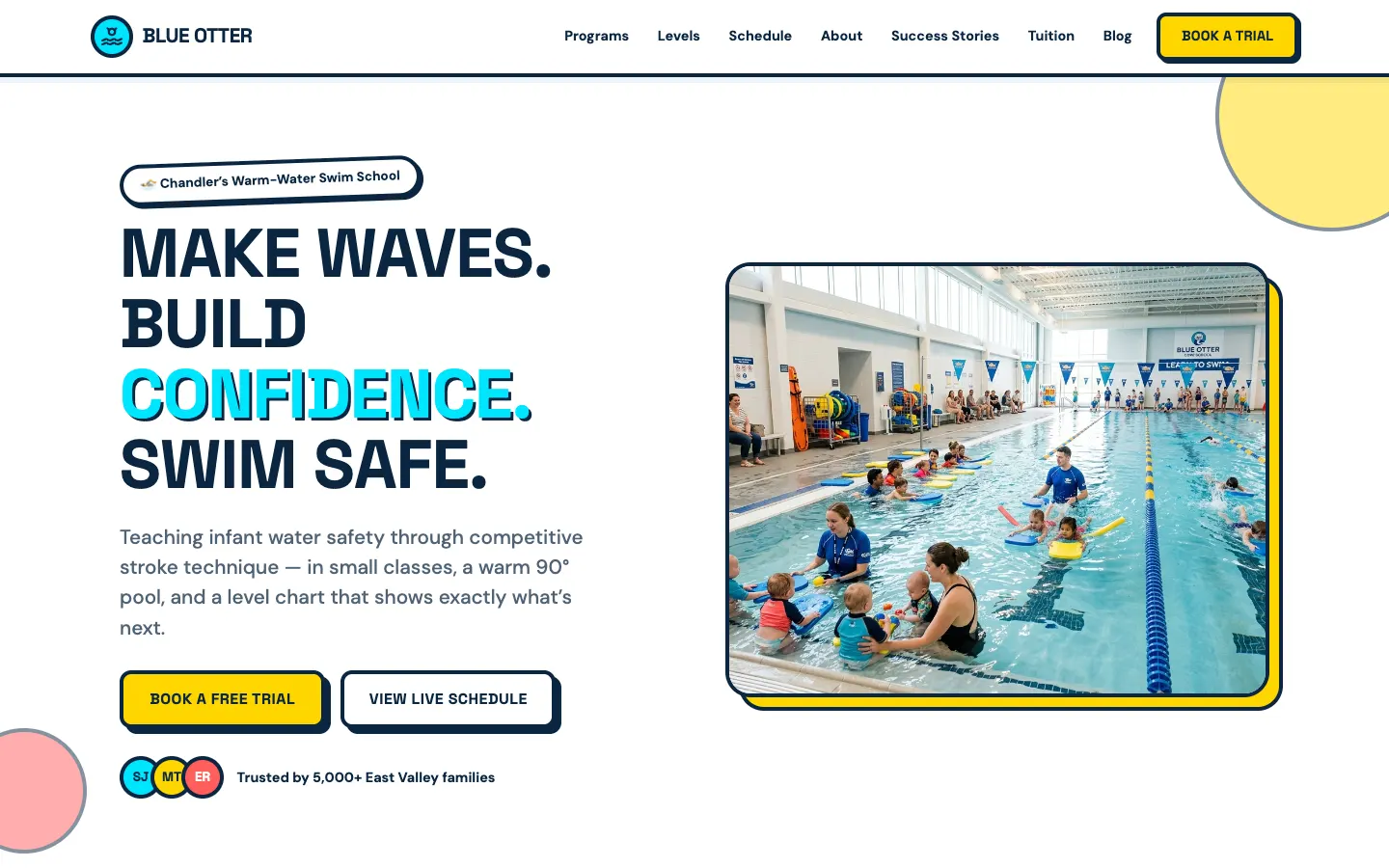 Screenshot of Blue Otter Swim School, a Swim School website built on WorkspaceCMS — Level Progression Chart + Live Schedule Board + Small-Class Booking.