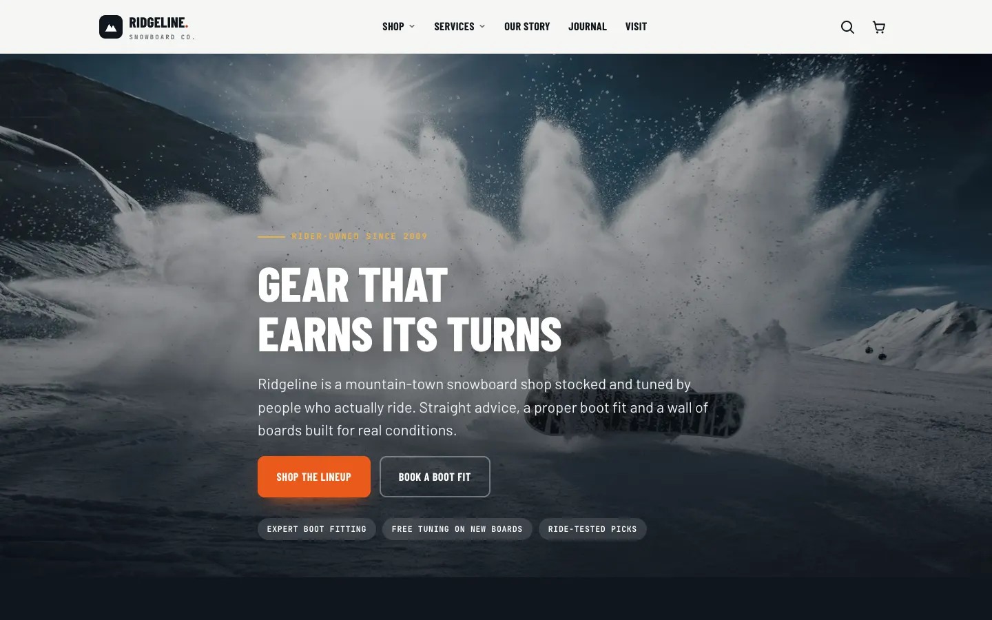 Screenshot of Ridgeline Board Co., a Ski & Snowboard Shop website built on WorkspaceCMS — Gear Wall + Boot-Fitting Service Bench.