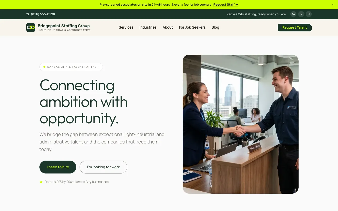 Screenshot of Bridgepoint Staffing Group, a Staffing & Recruiting website built on WorkspaceCMS — Split Employer / Job-Seeker Paths + Placement Case Studies.