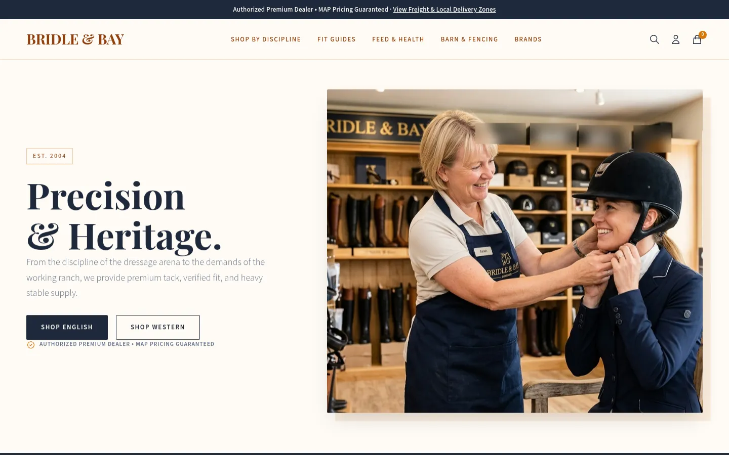 Screenshot of Bridle & Bay Equestrian, a Equestrian & Horse Supplies website built on WorkspaceCMS — Discipline-Split Shop Navigation.