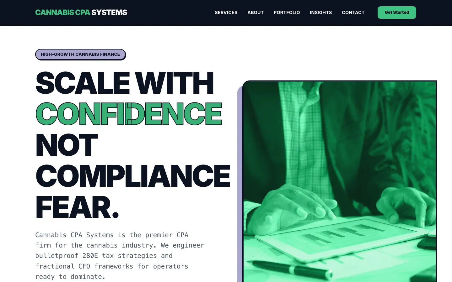 Screenshot of Cannabis CPA Systems, a cannabis CPA website built on WorkspaceCMS — 280E and M&A Services Hub.