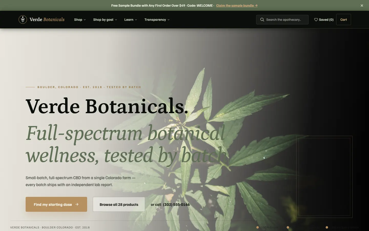 Screenshot of Verde Botanicals, a CBD / Wellness website built on WorkspaceCMS — Batch-Test Provenance.