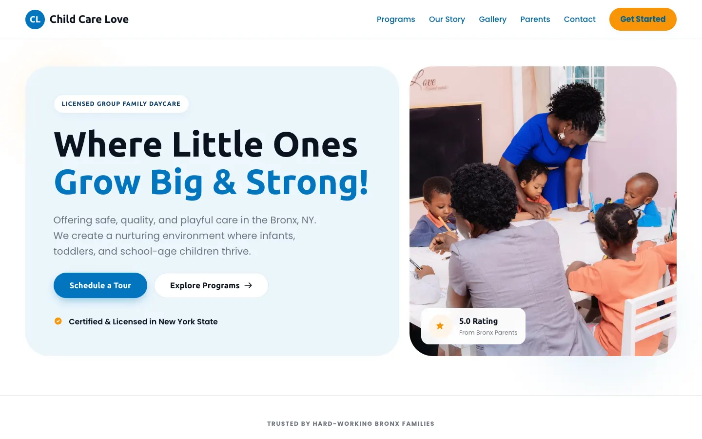 Screenshot of Child Care Love, a Childcare Services website built on WorkspaceCMS — Infant-to-Summer-Camp Program Ladder.