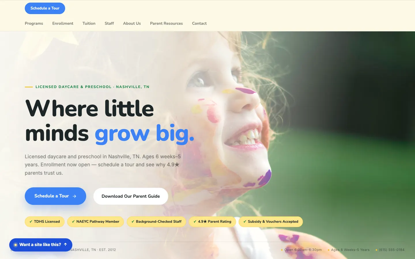 Screenshot of Sunflower Learning Center, a Childcare / Preschool website built on Workspace CMS — Enrollment Funnel + Parent Trust Signals.