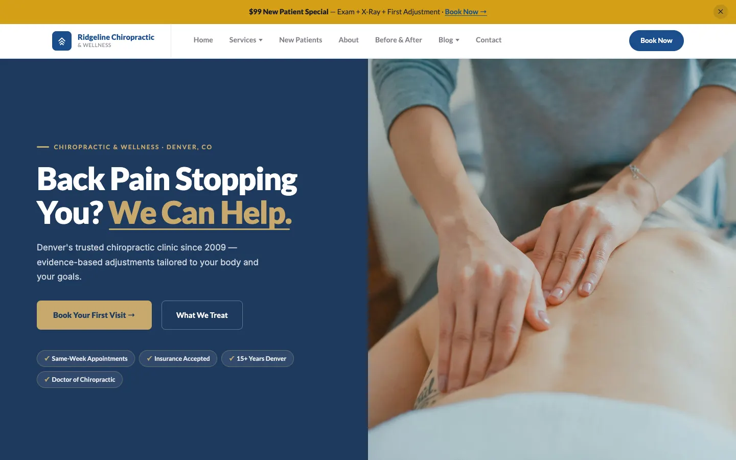 Screenshot of Ridgeline Chiropractic & Wellness, a Chiropractic Care website built on WorkspaceCMS — Online Booking + New Patient Portal.