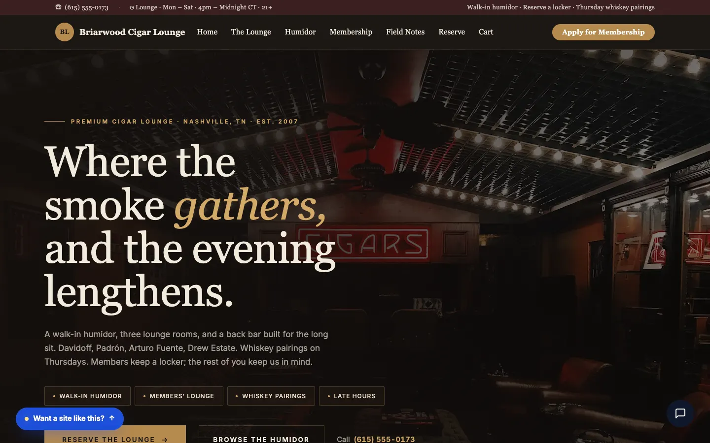Screenshot of Briarwood Cigar Lounge, a Cigar & Smoke Shop website built on Workspace CMS — Walk-in Humidor + Members' Lockers.