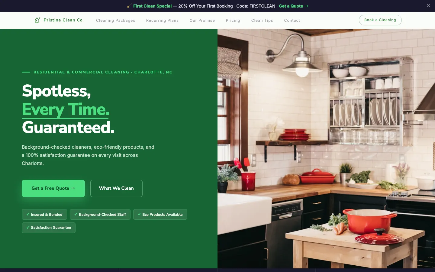 Screenshot of Pristine Clean Co., a Cleaning Services website built on WorkspaceCMS — Transparent Pricing Calculator.