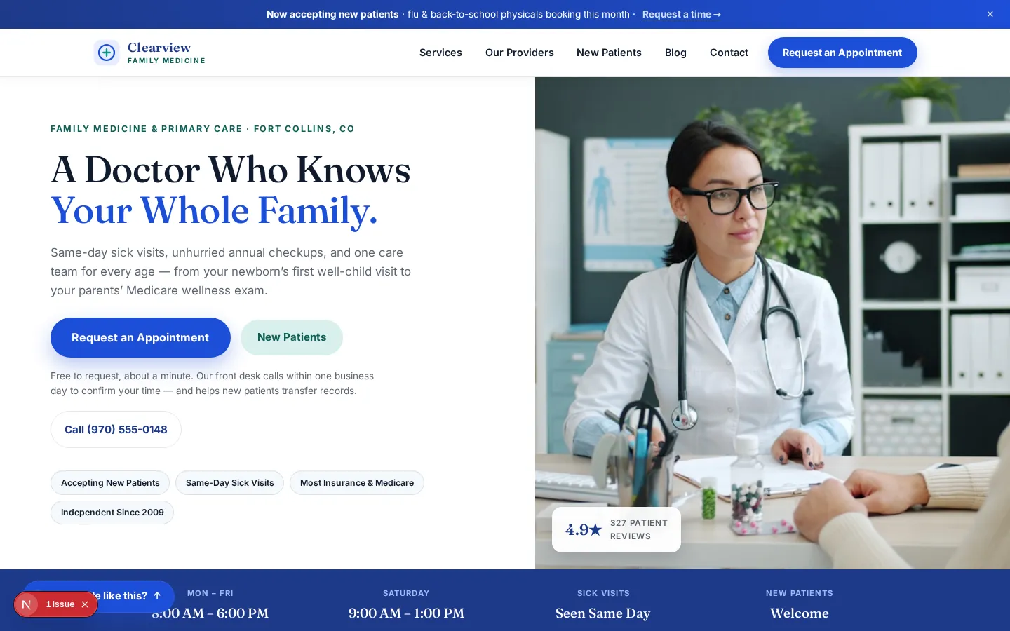 Screenshot of Clearview Family Medicine, a Family Medicine website built on WorkspaceCMS — Appointment-Request Flow + New-Patient Onboarding.