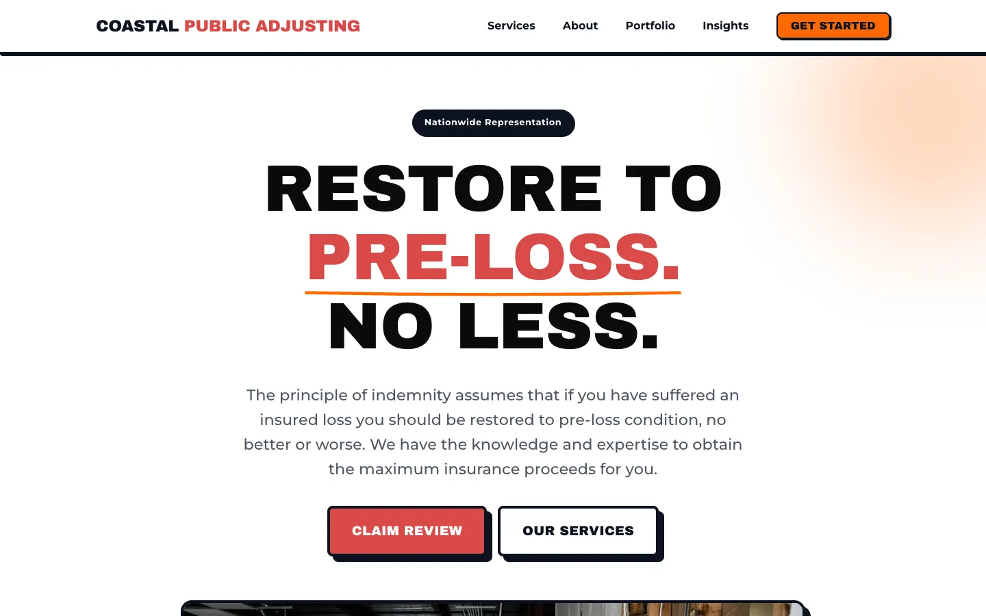 Screenshot of Coastal Public Adjusting, a Public Insurance Adjusting website built on WorkspaceCMS — Free Claim Review Form.