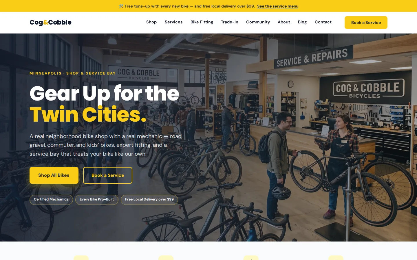 Screenshot of Cog & Cobble Bicycles, a Bike Shop & Repair website built on WorkspaceCMS — Shop + Service Bay + Booking Widget + Bike Fitting.