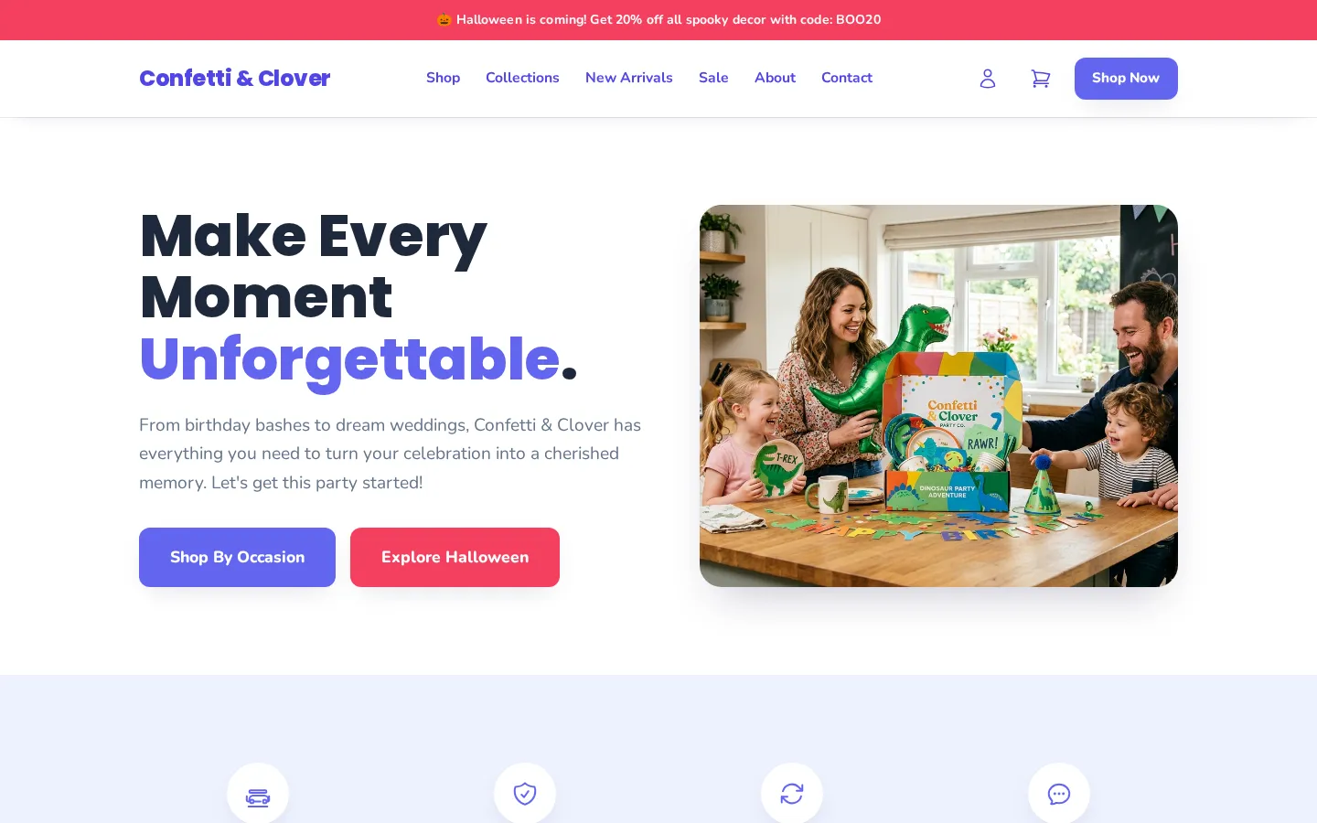 Screenshot of Confetti & Clover Party Co., a Party & Event Supplies website built on WorkspaceCMS — Bulk Wholesale Planner Hub.