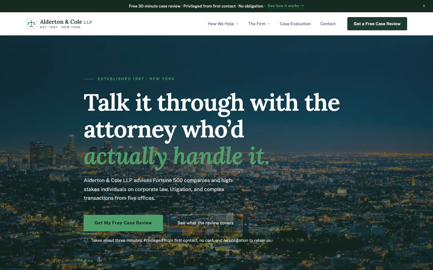 Screenshot of Alderton & Cole LLP, a National Law Firm website built on WorkspaceCMS — 14-Attorney Directory + 5 National Offices + 8 Practice Groups.
