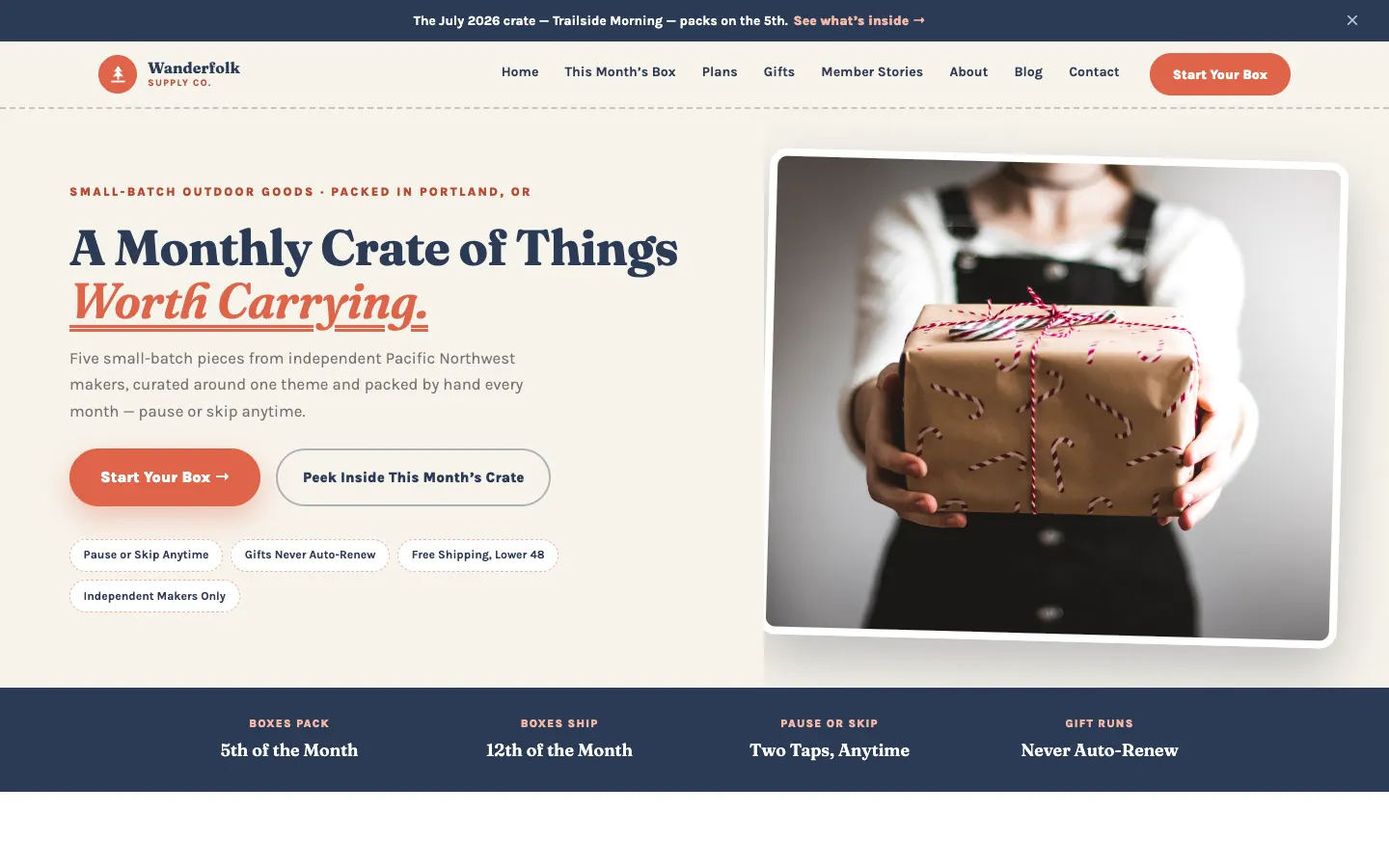 Screenshot of Wanderfolk Supply Co., a Subscription Box website built on WorkspaceCMS — Plan-Tier Pricing Ladder + Monthly Box Reveal.