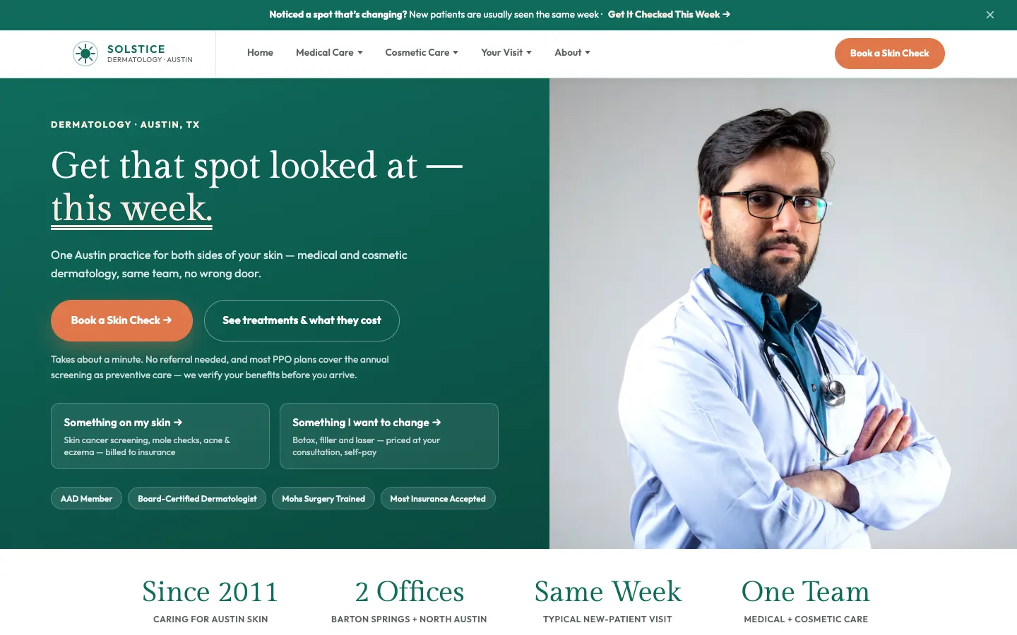 Screenshot of Solstice Dermatology, a Dermatology website built on WorkspaceCMS — Dual Medical + Cosmetic Patient Pathing.