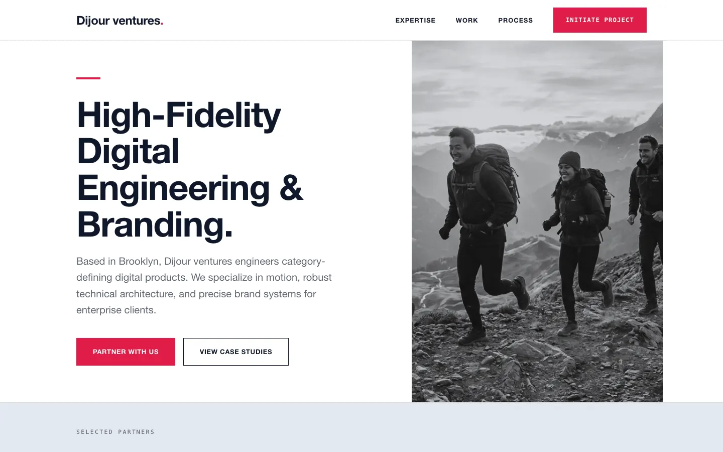 Screenshot of Dijour ventures, a Digital Design Studio website built on WorkspaceCMS — Four Full Case Studies + Four-Stage Engagement Protocol.