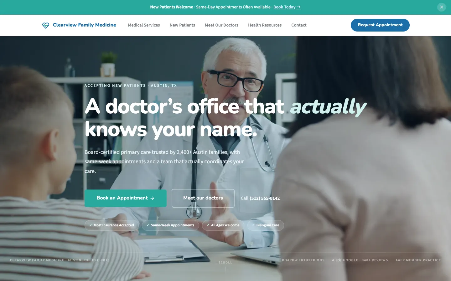 Screenshot of Clearview Family Medicine, a Family Medicine website built on WorkspaceCMS — Essentials: 3-Page Practice Site.