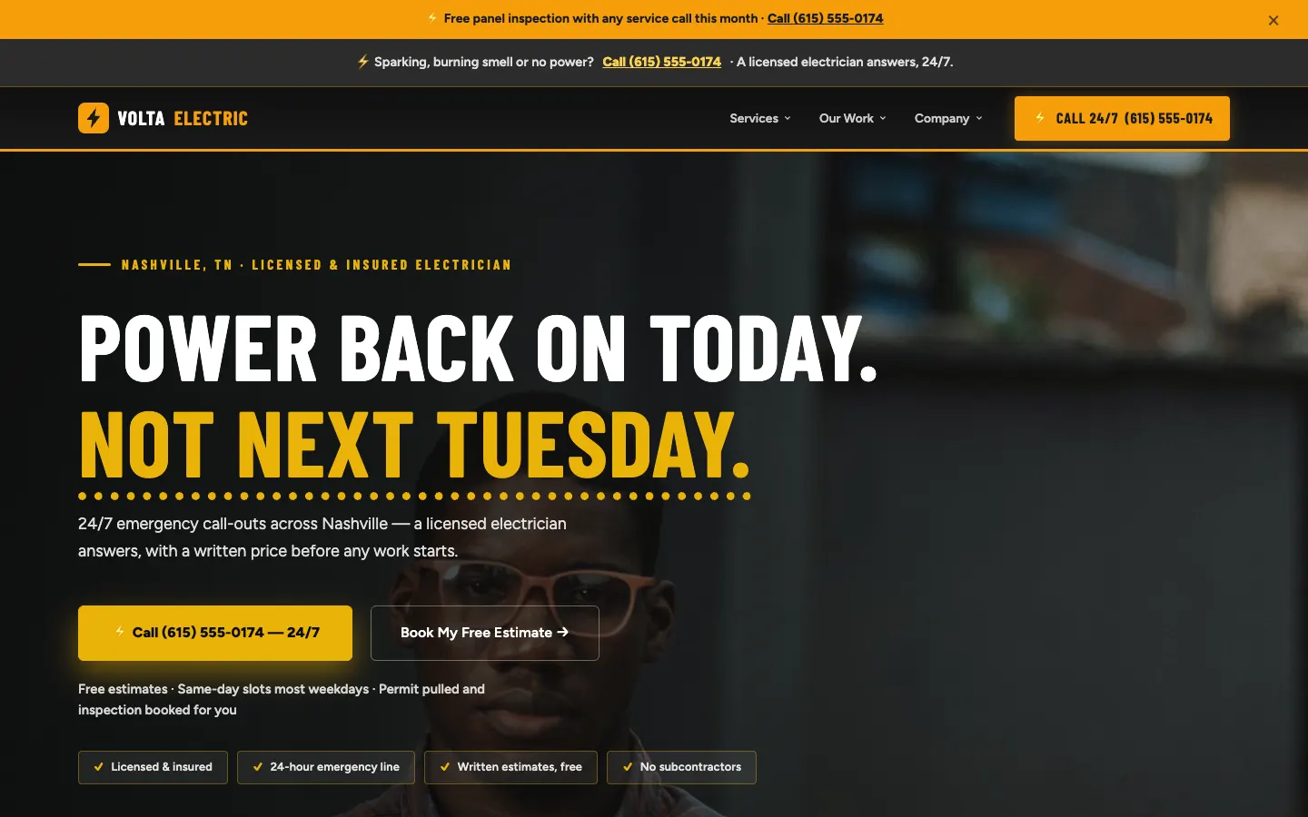 Screenshot of Volta Electric Co., a Electrical Contractor website built on WorkspaceCMS — Emergency Dispatch Banner + Before/After Gallery.