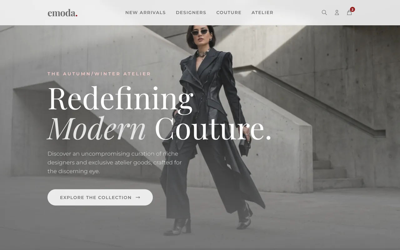 Screenshot of emoda, a Luxury Fashion website built on WorkspaceCMS — Full-Bleed Motion Hero + "The Edit" Masonry Wall.