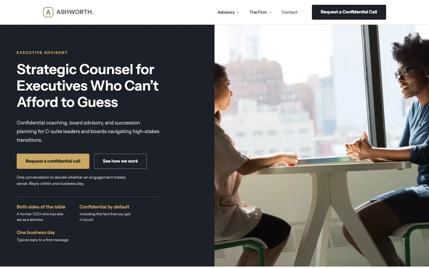 Screenshot of Ashworth Executive Advisory, a Executive Advisory website built on WorkspaceCMS — Essentials: Split-Panel Hero + Confidential Advisory Positioning.
