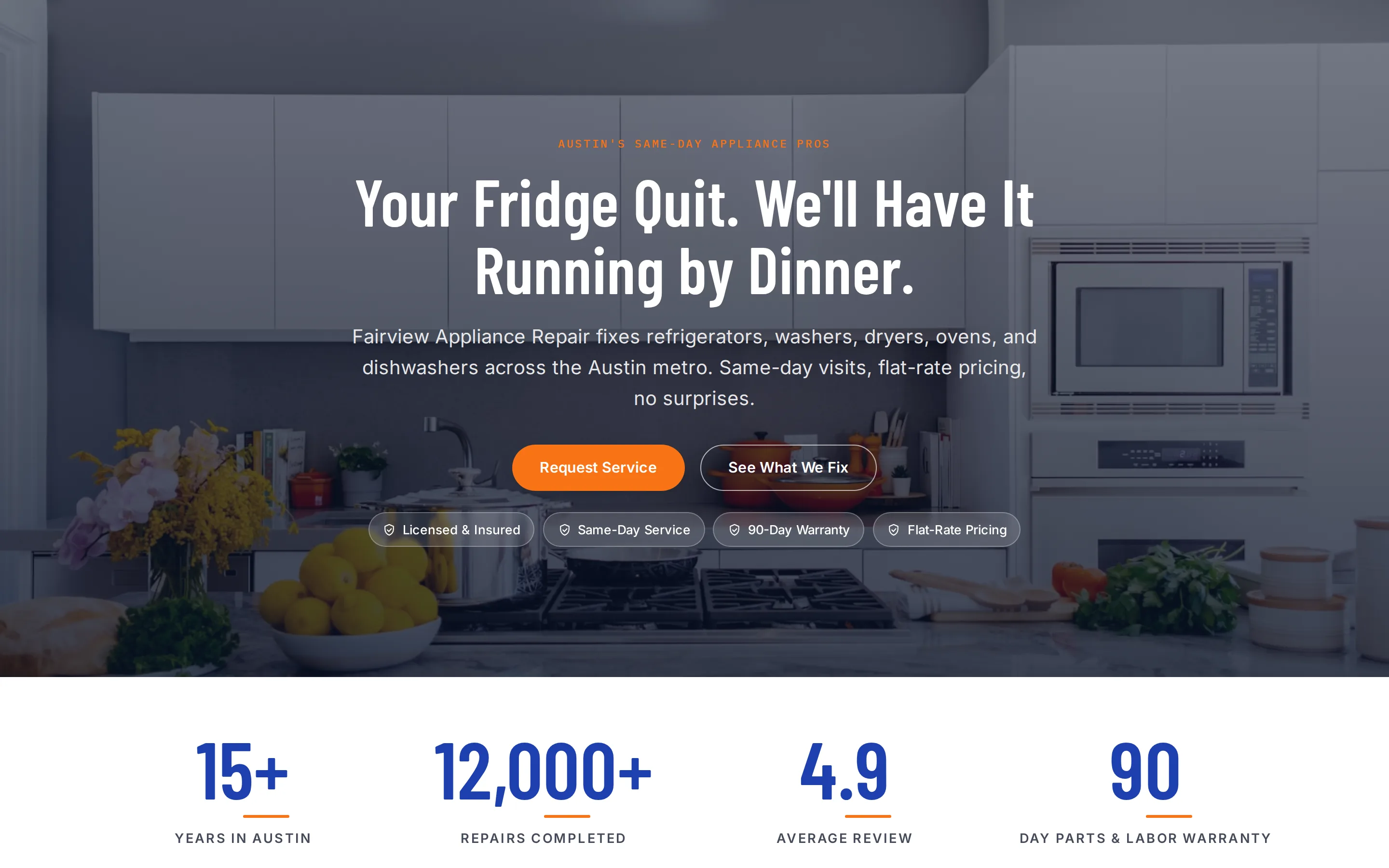 Screenshot of Fairview Appliance Repair, a Appliance Repair website built on WorkspaceCMS — Same-Day Flat-Rate Repair Booking.