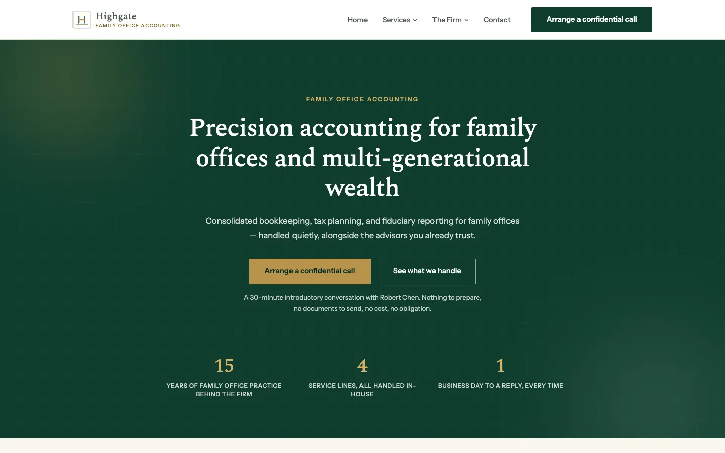 Screenshot of Highgate Family Office Accounting, a Family Office Accounting website built on WorkspaceCMS — Essentials: Stat-Driven Hero + Animated Pattern Background.