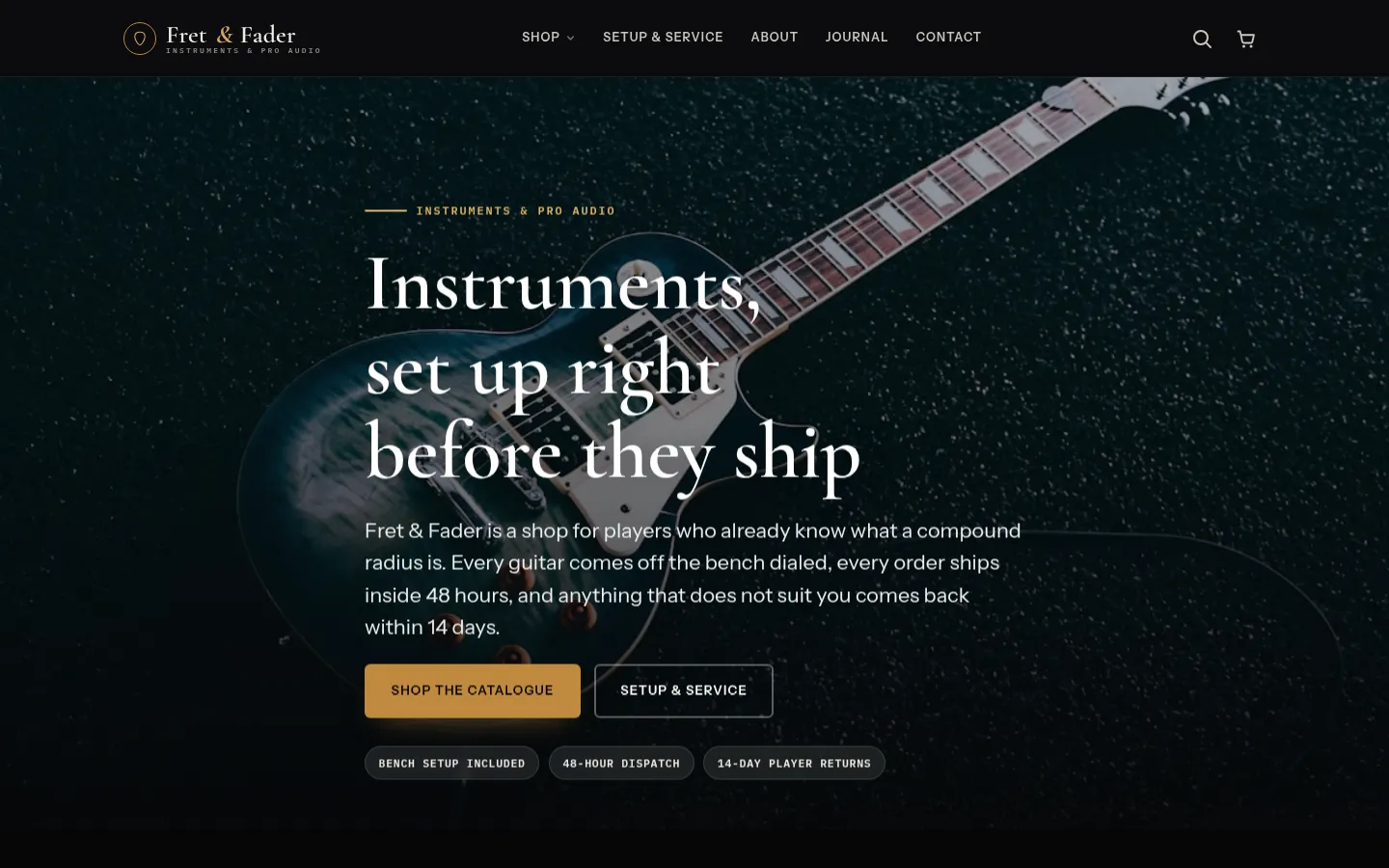 Screenshot of Fret & Fader, a musical instruments & pro audio website built on WorkspaceCMS — Full Instrument Department Nav.