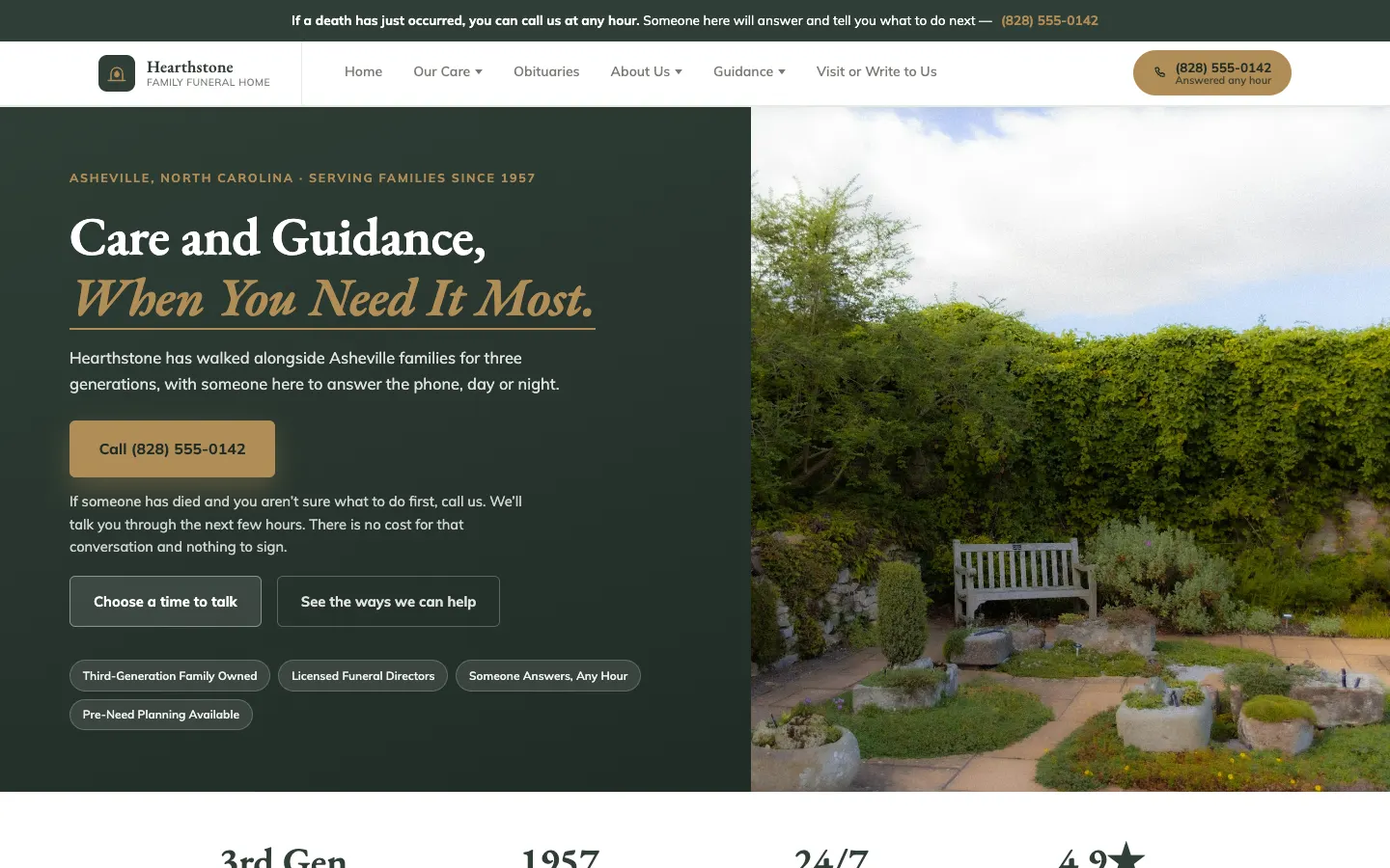Screenshot of Hearthstone Family Funeral Home, a Funeral Home website built on WorkspaceCMS — 24/7 Immediate-Need CTA + Obituary Listing.