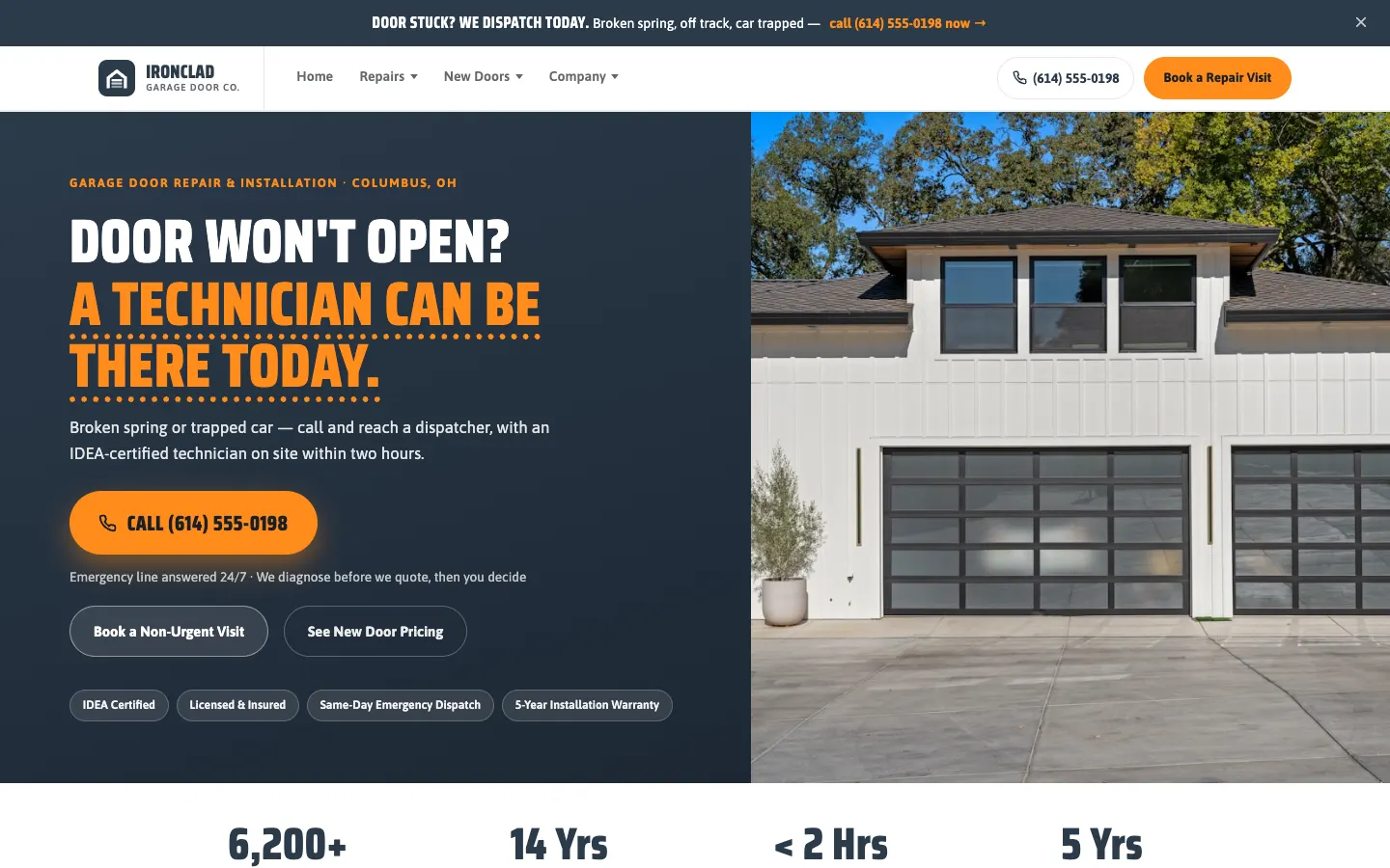 Screenshot of Ironclad Garage Door Co., a Garage Door Services website built on WorkspaceCMS — Same-Day Emergency Repair + Installation Booking.