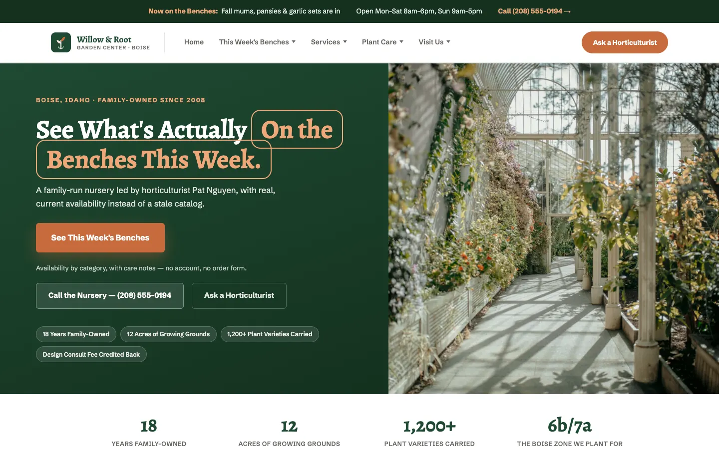 Screenshot of Willow & Root Garden Center, a Garden Center & Nursery website built on WorkspaceCMS — Seasonal Availability Showcase + Plant Care Guides.