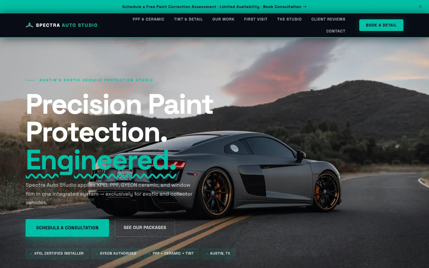 Screenshot of Spectra Auto Studio, a Ceramic Coating & PPF website built on WorkspaceCMS — 3-Layer Protection Stack (PPF + Ceramic + Window Film).
