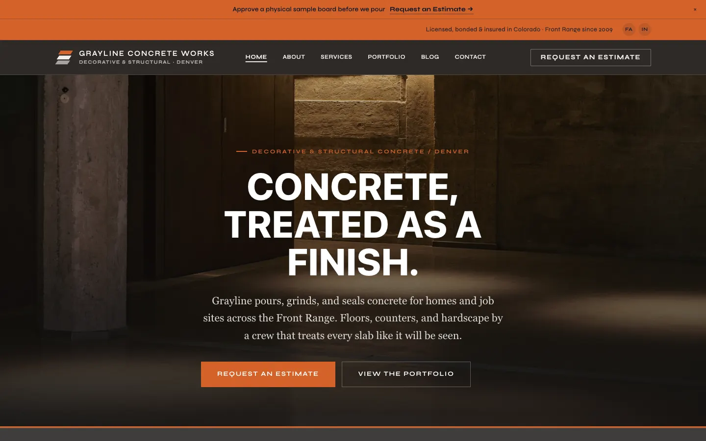Screenshot of Grayline Concrete Works, a Concrete Contractor website built on WorkspaceCMS — Six Finish Systems + Sample-Board Approval Process.