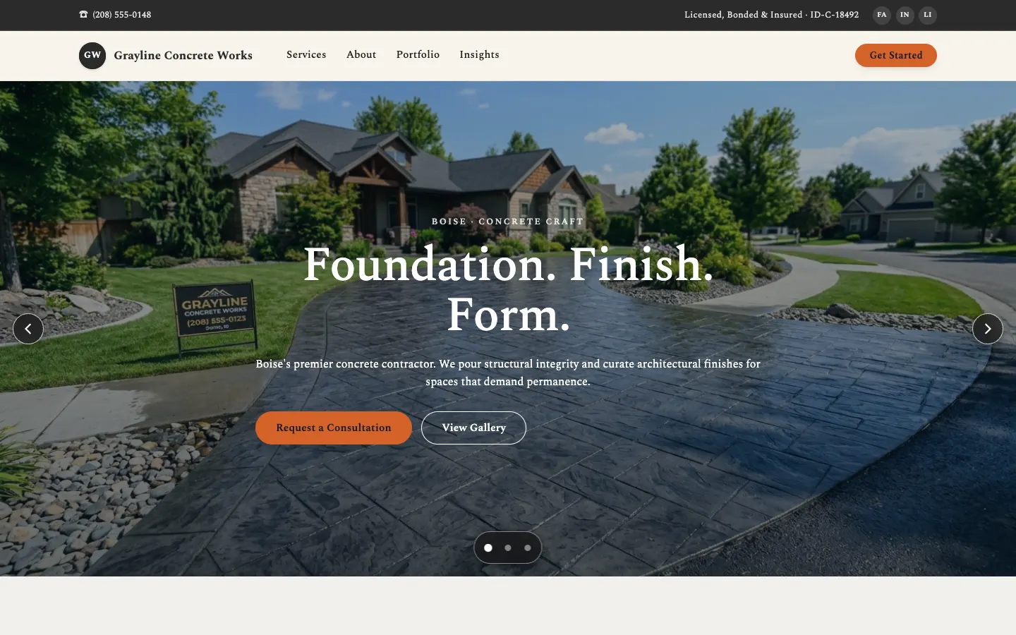 Screenshot of Grayline Concrete Works, a Concrete Contractor website built on WorkspaceCMS — Finish Gallery of Poured Projects + Decorative-Concrete Deep Dive.