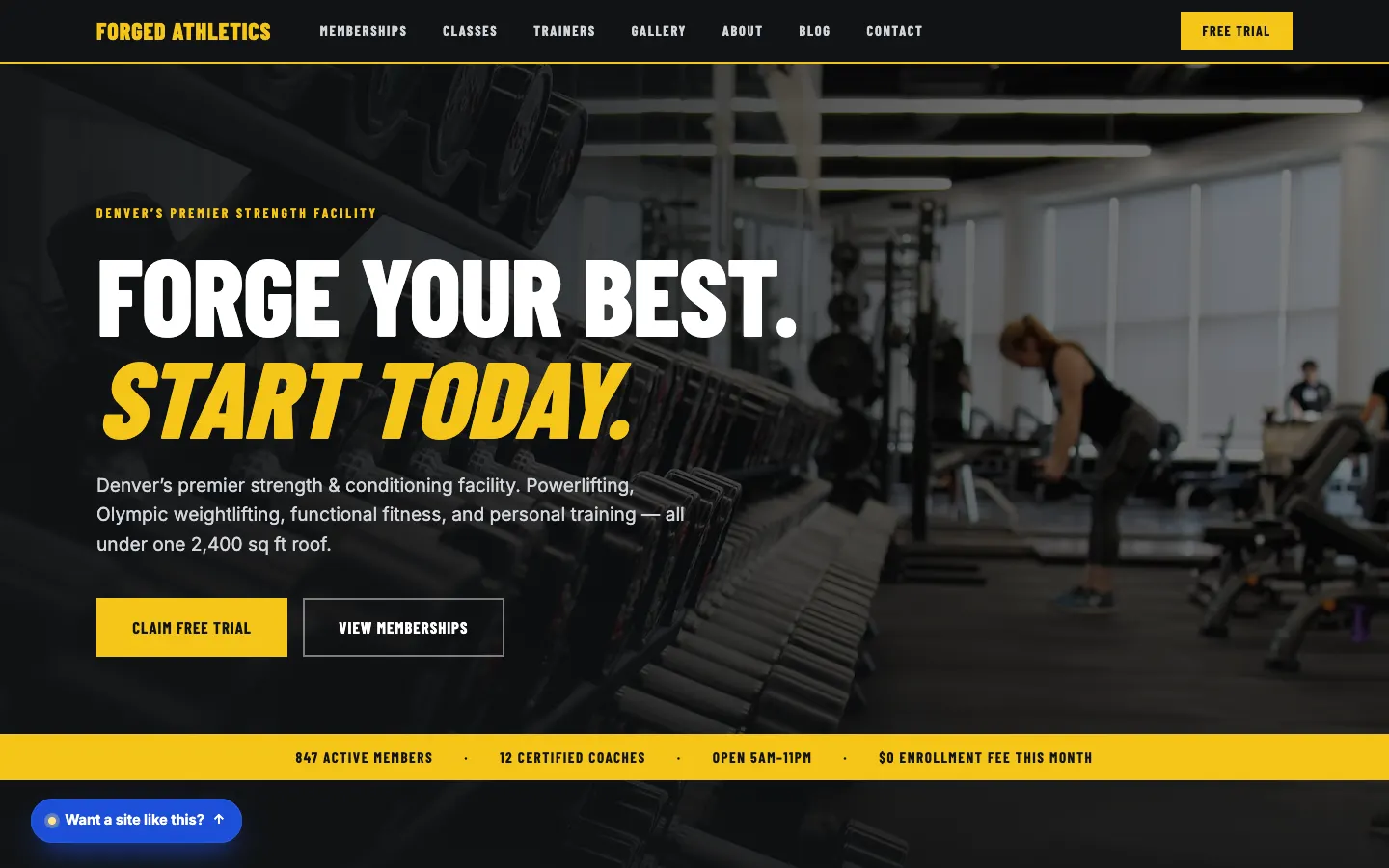 Screenshot of Forged Athletics, a Gym / Fitness website built on Workspace CMS — Membership Tiers + Free Trial Flow.