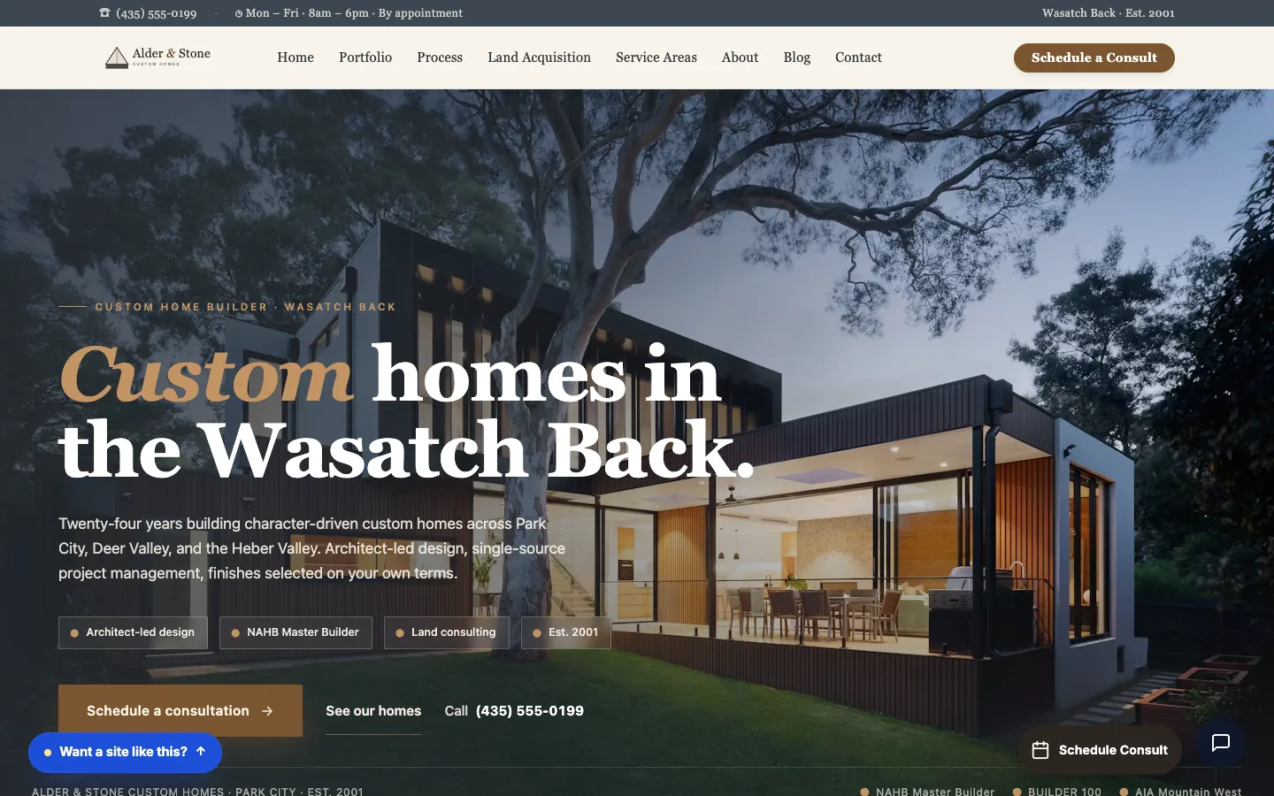 Screenshot of Alder & Stone Custom Homes, a Custom Home Builder website built on Workspace CMS — Land + Build Process Map.
